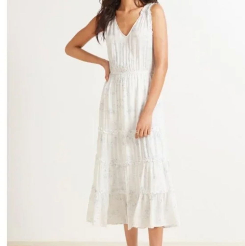 Bb Dakota And Steve Madden White With Blue Floral Tiered Midi Dress